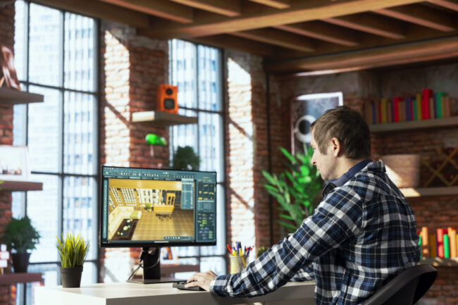 Graphic designer working from home moving assets in 3D modeling program